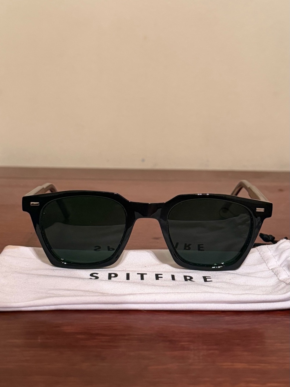 Spitfire Black Square Sunglasses with Dark Green Lenses - Men Accessories
